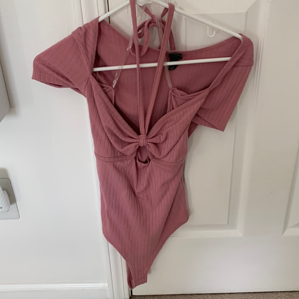 Pink body suit with tie neck option